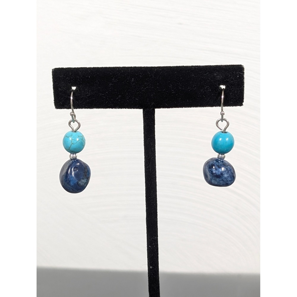 Blue Stone Faux‎ Turquoise Dangle Earrings Silver Tone Boho Beaded